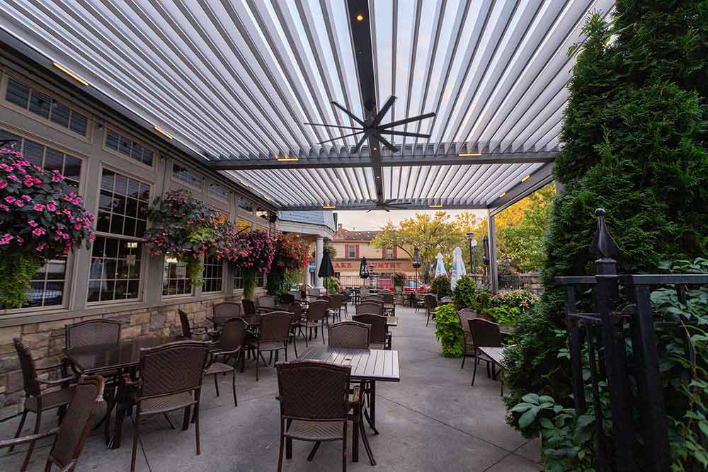 All options are dimmable, allowing you to adjust the ambiance to suit any mood or time of day. Azenco Outdoor pergola for restaurant