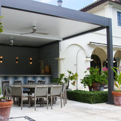 grey bronze pergola structure and white roof pergola