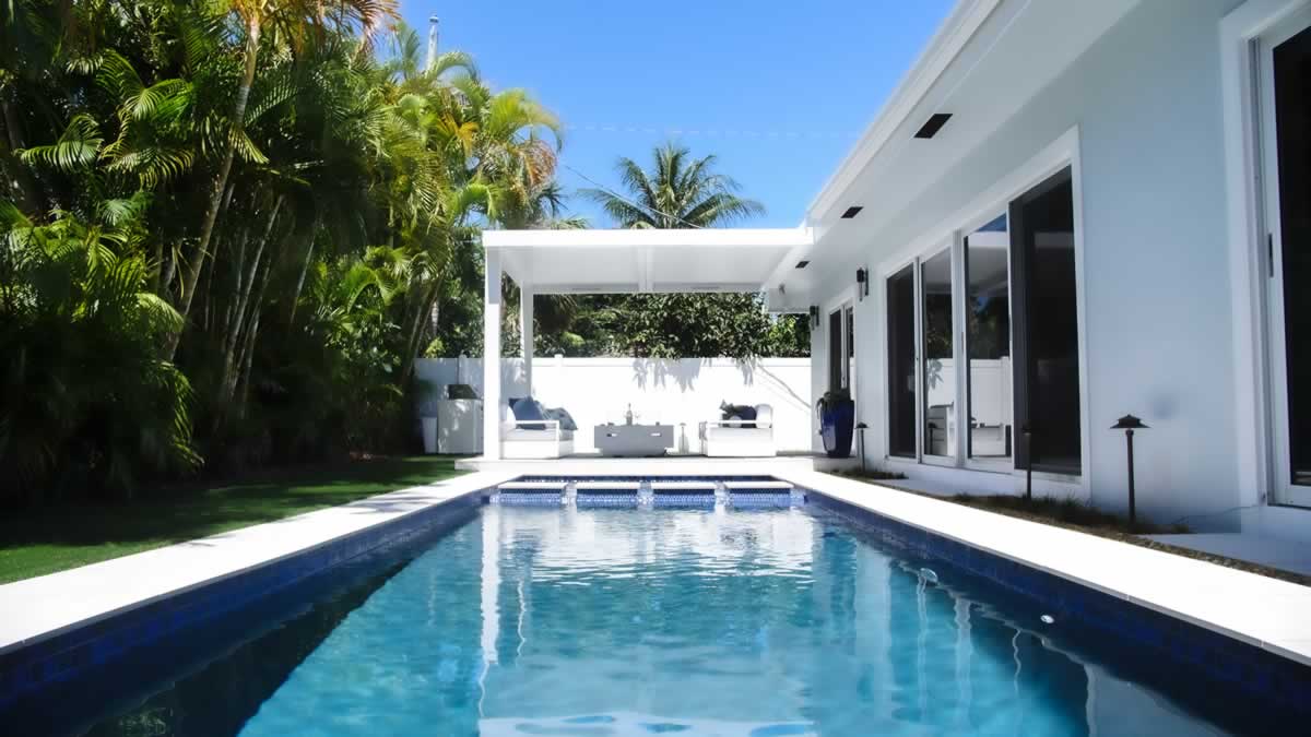 white aluminum poolside pergola