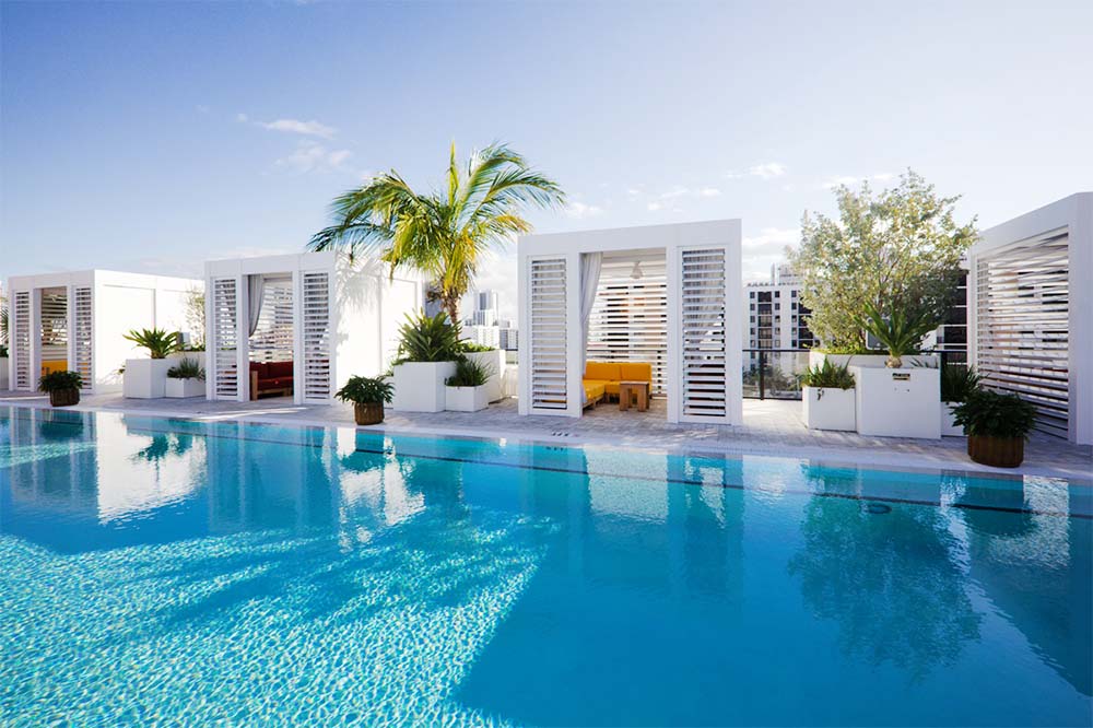 Arlo Hotel Wynwood Miami - Resort cabanas built and designed by Azenco. The rooftop cabanas stand up to the high winds that impact South Florida.