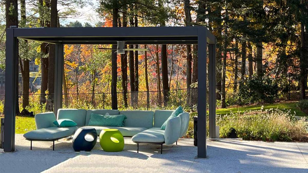 Black pergola in Boston, MA. R-Blade louvered roof by Azenco