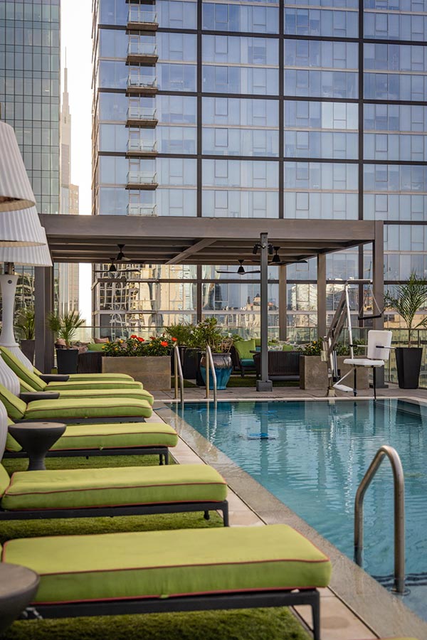 Grey pergola on Hotel rooftop - covered pool deck - Nashville, TN