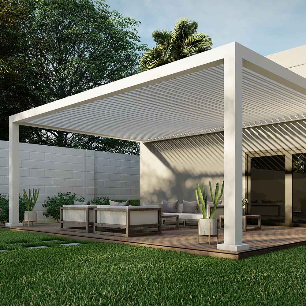 R-BREEZE pergoal by Azenco with fixed angled louvers