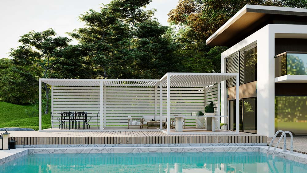 white l-shaped pergola on a pool deck - Azenco