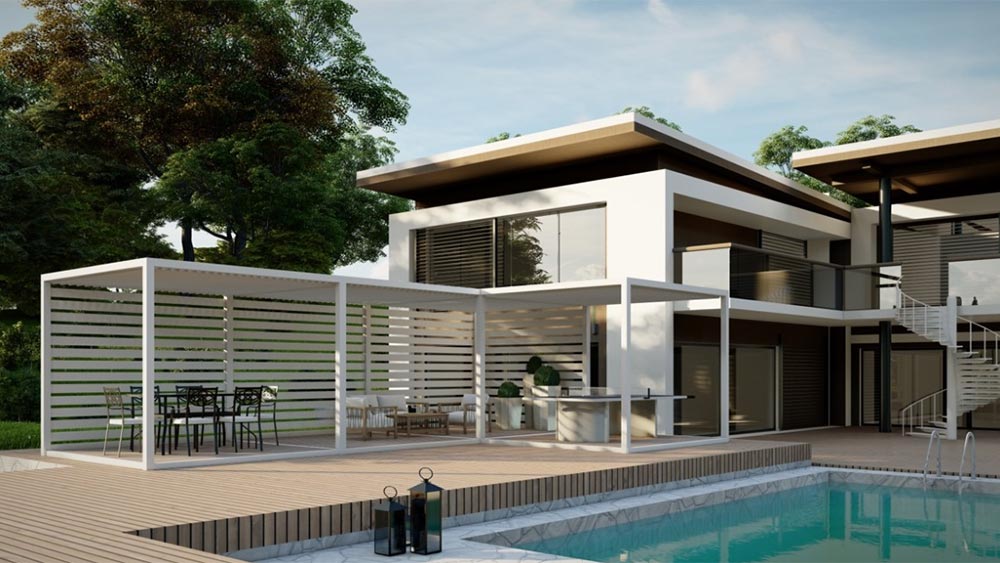 K-Bana manual louvered pergola with multiple modules to form a l-shaped covered area with lounge area and outdoor kitchen