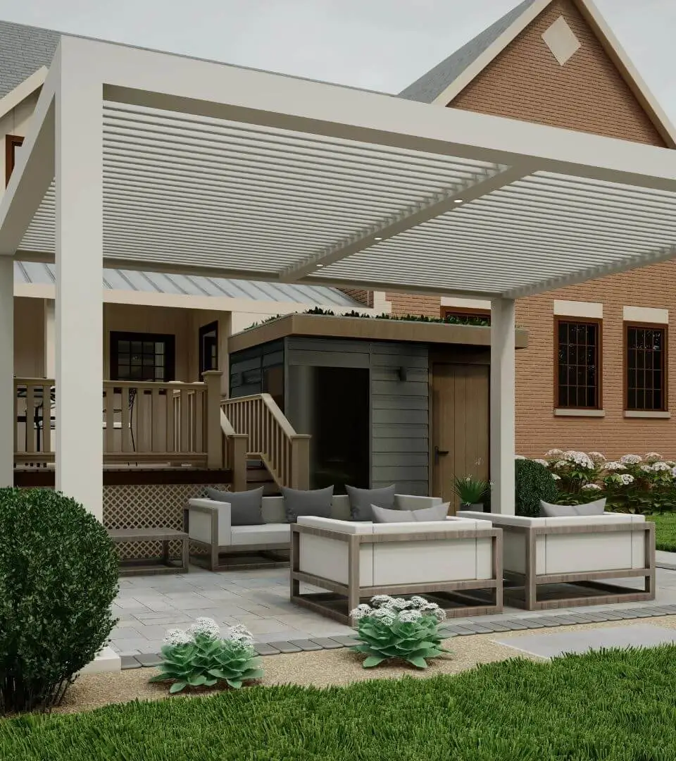 White fixed louvered roof with vertical slats in aluminum. 3D custom design with integrated recessed light for a residential backyard. Azenco Outdoor R-Breeze pergola model.