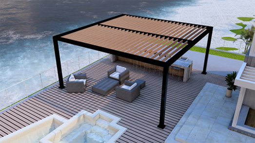 R-BREEZE pergola dual tonne black and wood louvers