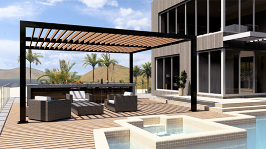 R-Breeze fixed louvered roof pergola black and wood tones