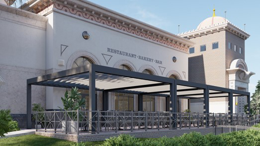 R-BREEZE aluminum pergola for restaurant terrace - Fixed angled louvers patented assembly technology by Azenco Outdoor