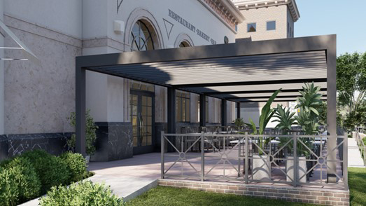 3D rendering: R-BREEZE aluminum pergola for restaurant terrace - Fixed angled louvers patented assembly technology by Azenco Outdoor