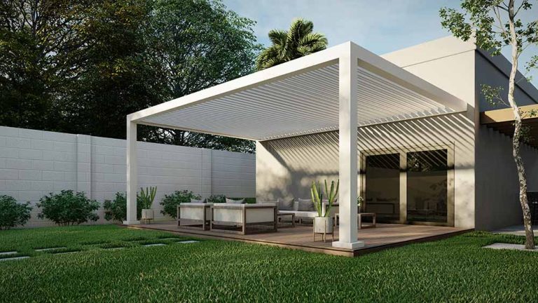R-BREEZE fixed louvered pergola in a residential setting -azenco Outdoor