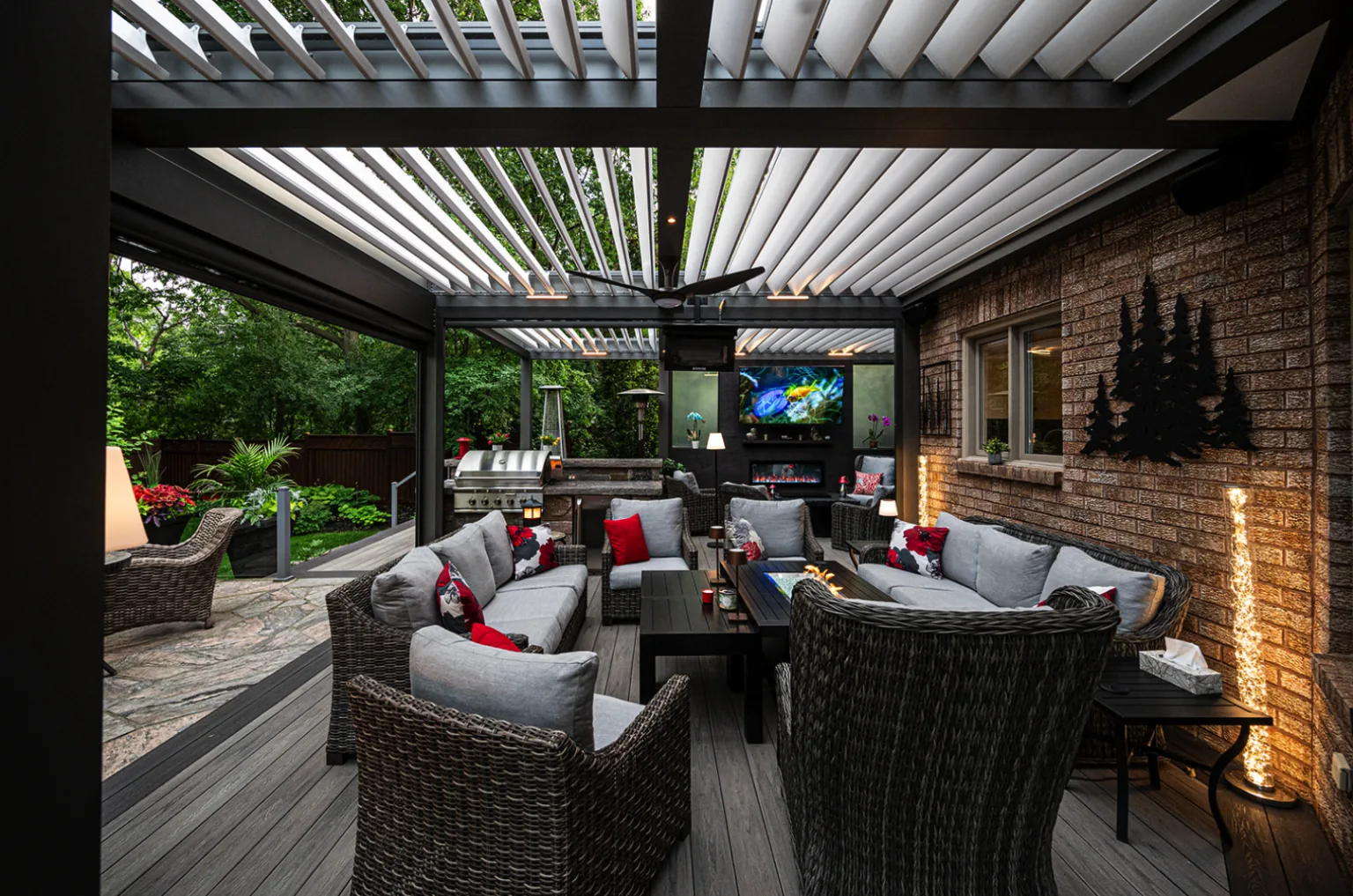 gray bronze r-blade in forest backyard with outdoor furniture