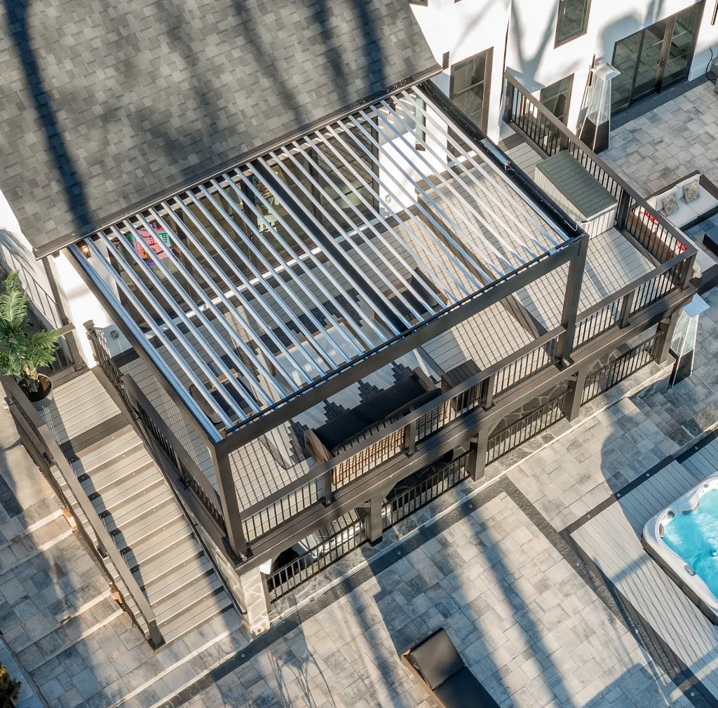 aerial view of our motorized louvered pergola with smart weather sensors