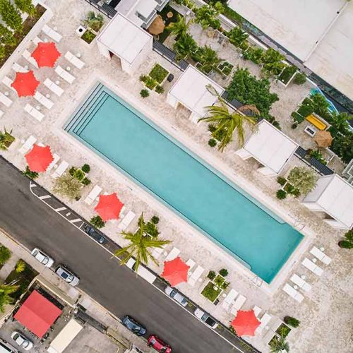 Arlo Hotel areail view of the rooftop with custom crafted freestanidng pegoals by Azenco Outdoor